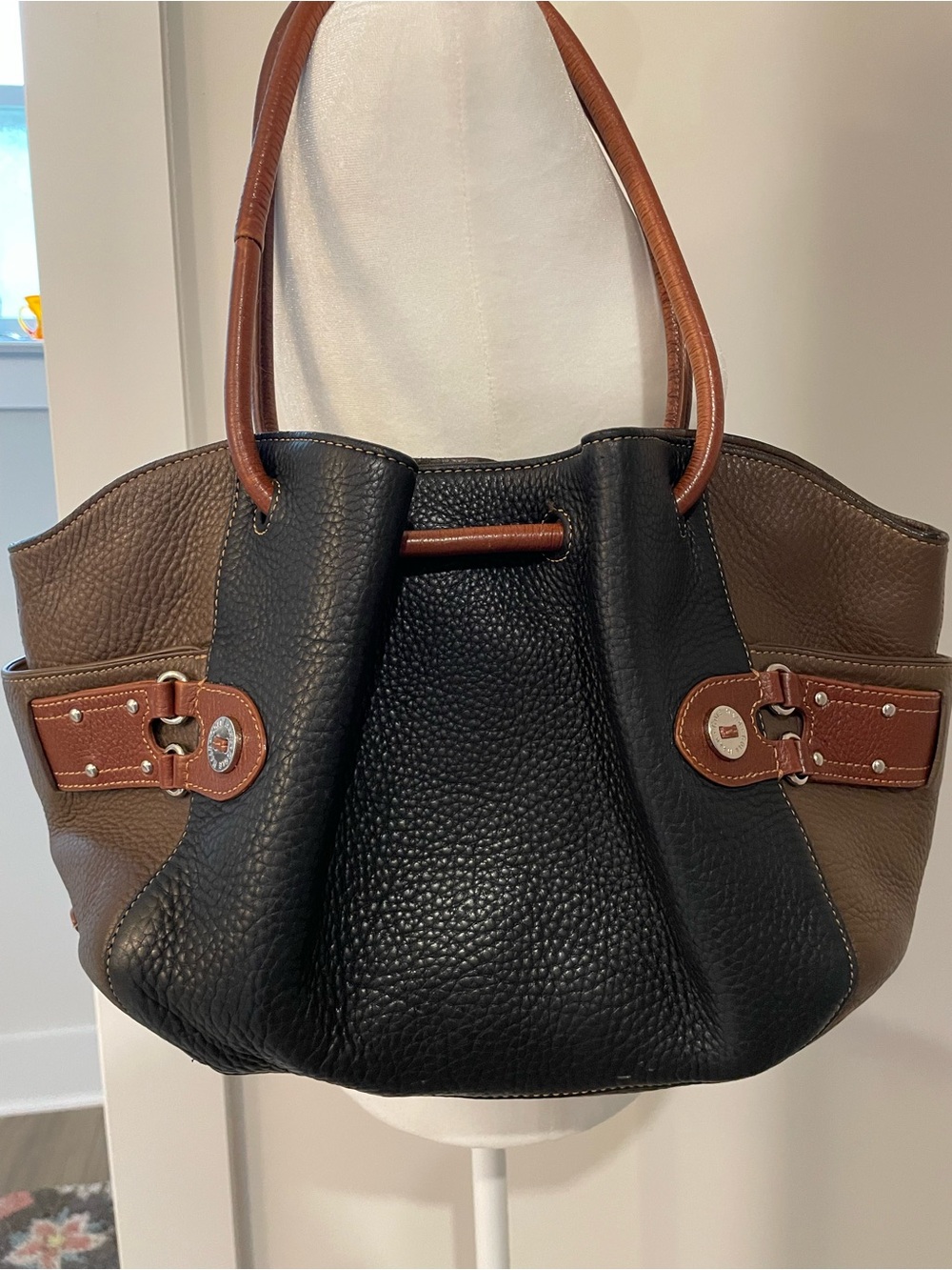 Cole Haan Three-Tone Pebbled Leather Shoulder Bag in Black, Brown, and Tan